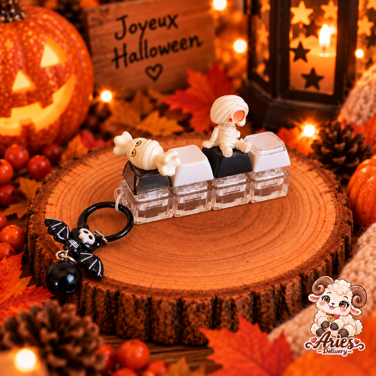 Porte-clé fidget clavier Halloween 3D momie noir et blanc
