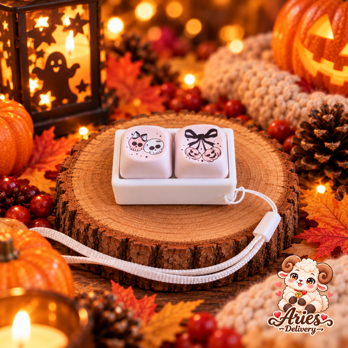 Clavier 2 touches Halloween blanc avec crânes et nœud